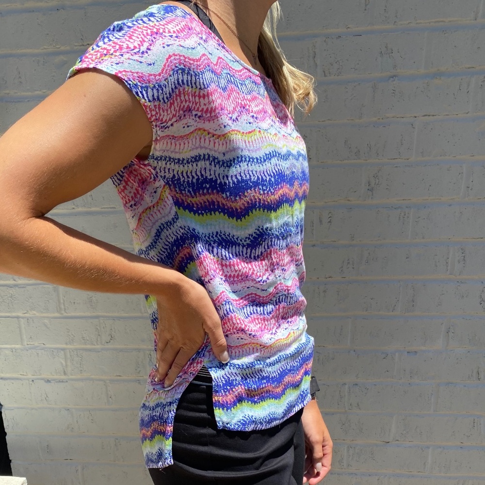 Ella Moss short sleeve t-shirt multi colored stripe hi-low hem XS